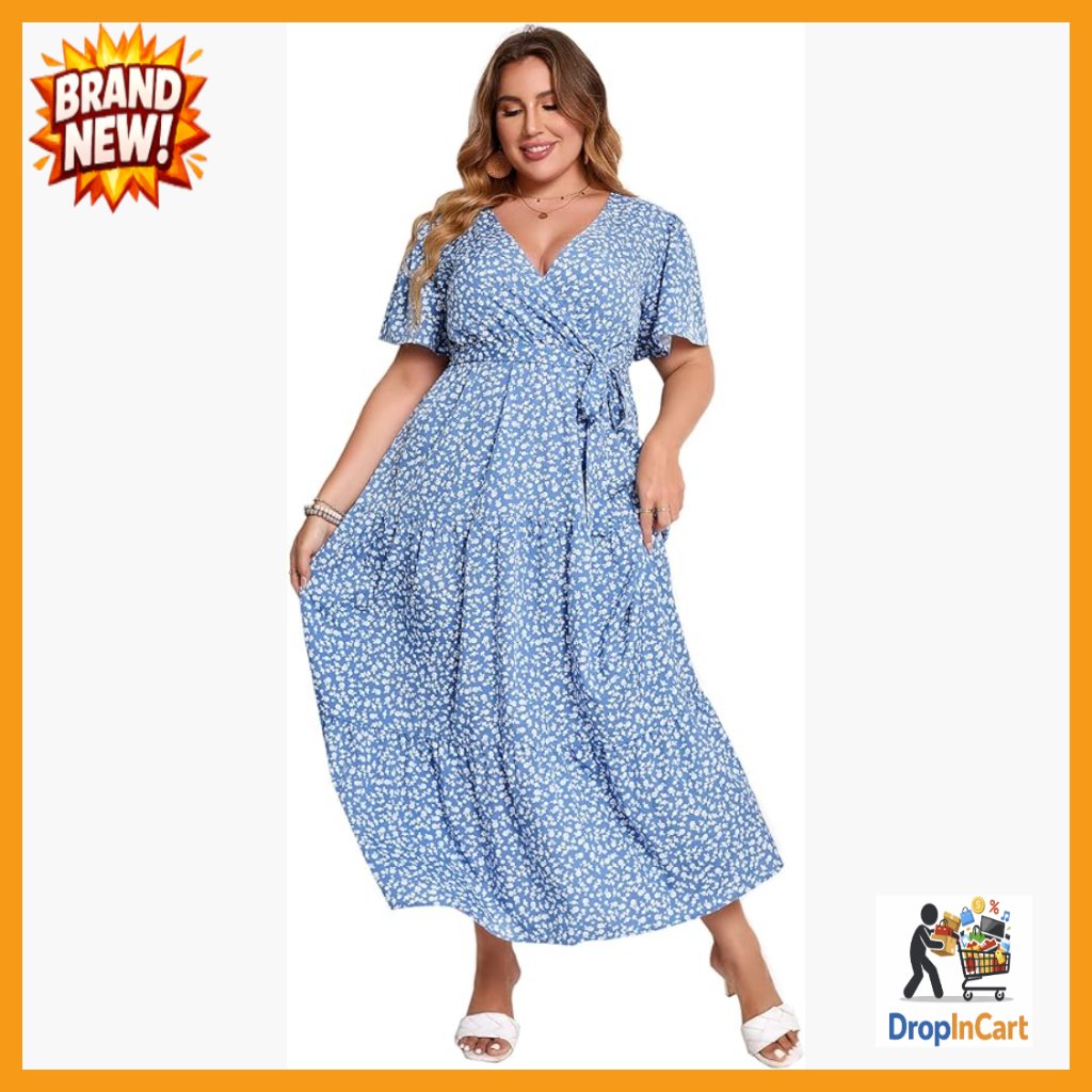 Plus Size V Neck Wrap Maxi Dress Ruffle Sleeves High Waist Belted Summer Casual